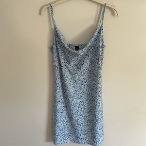 Cowl neck blue floral adjustable strap dress